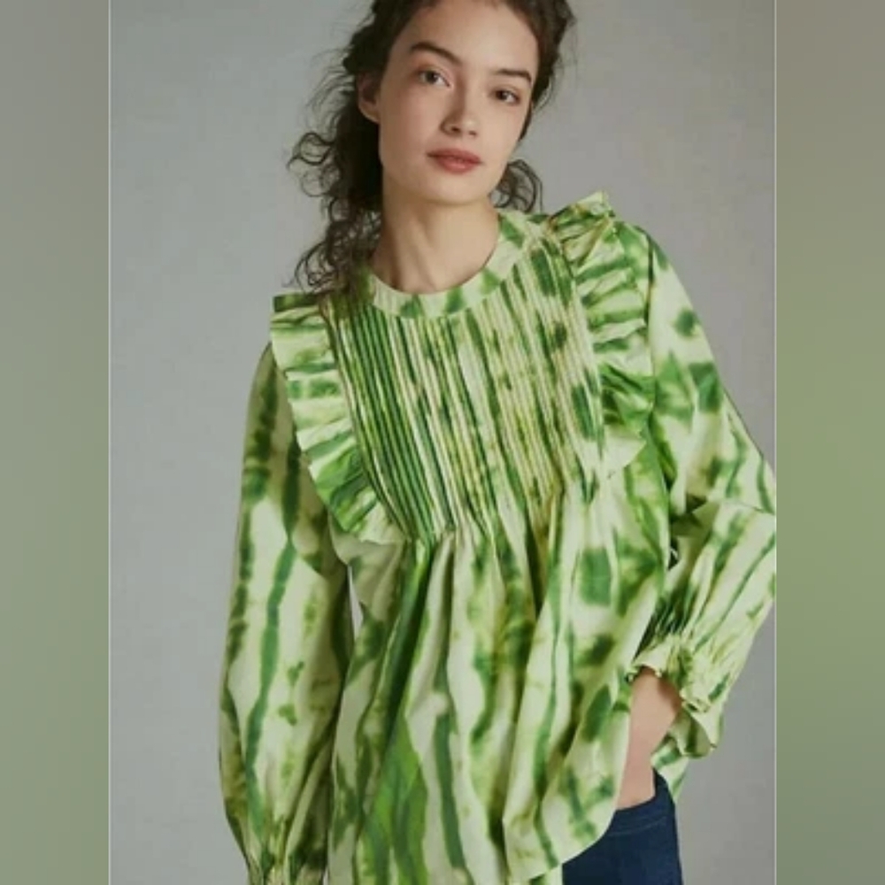 Anthropologie Green and White Pleated Ruffle Blouse
